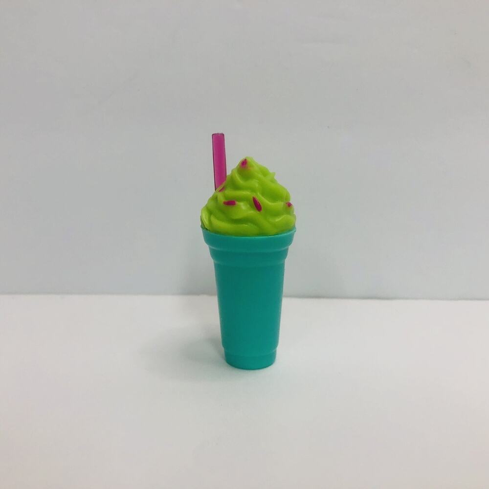 Miniature Teal Smoothie Cup Toy Lime Green Whipped Cream Pink Straw 1.75 Inch